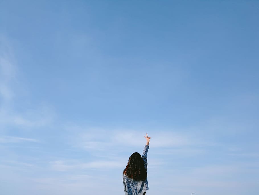 woman raising her right hand, blue, sky, cloud, female, one person HD wallpaper