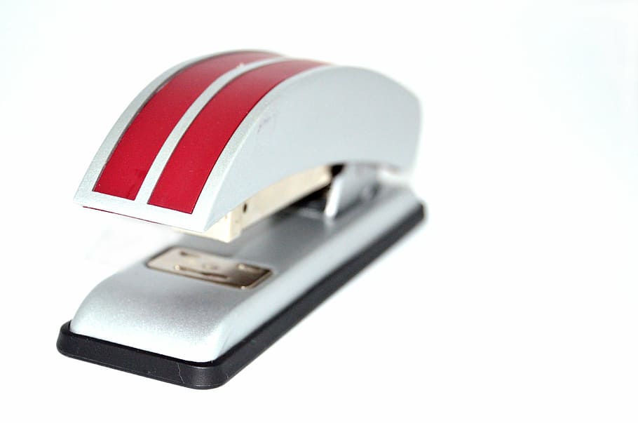 red and gray stapler, office, paper, work, accessories, white background HD wallpaper