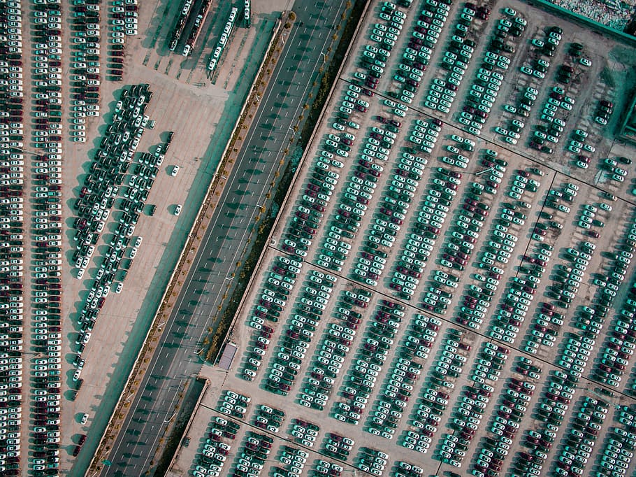 vehicle park on parking lot near gray highway aerial photography, untitled, HD wallpaper