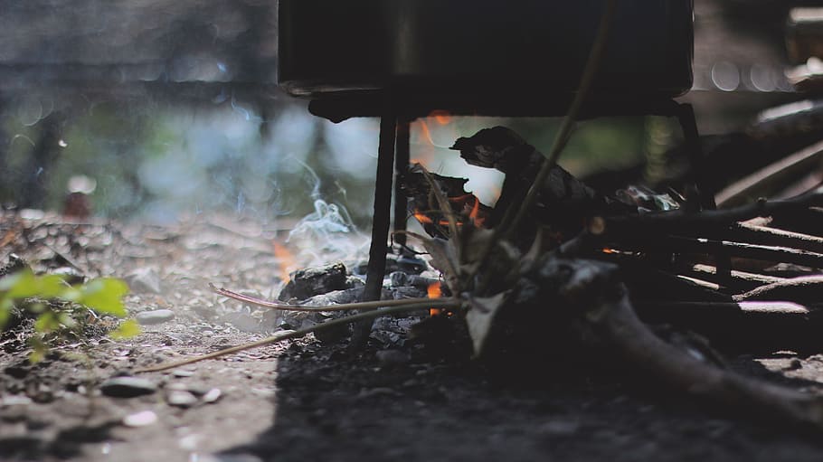 burning wood under cooking pot, fire, camping, flame, heat HD wallpaper
