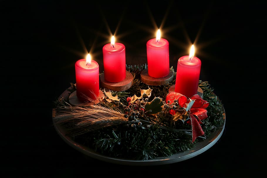 three lighted red pillar candles, advent, christmas, advent wreath, HD wallpaper