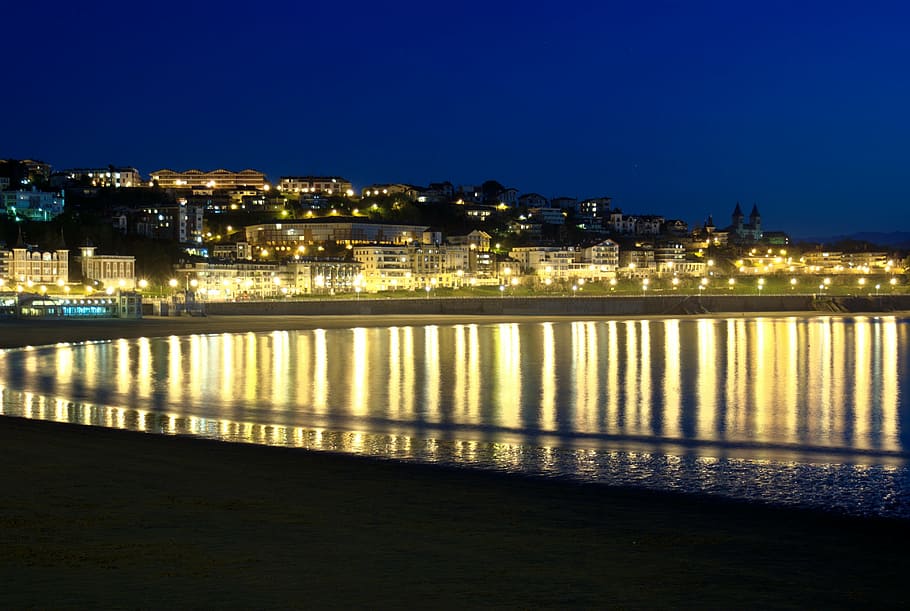 buildings near body of water, the concha bay, san sebastian, lights, HD wallpaper