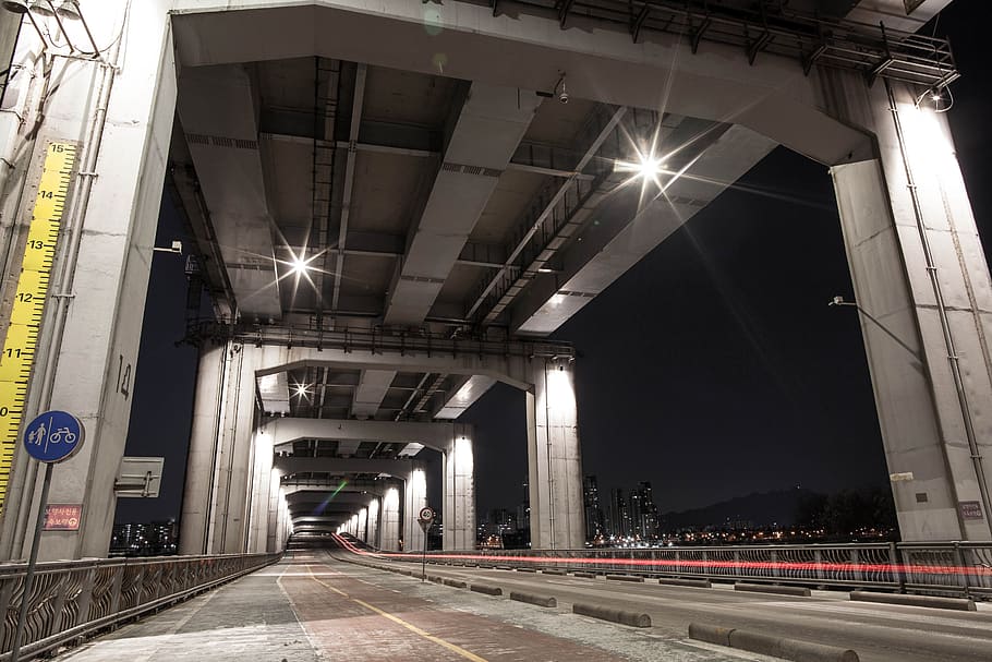 diving school, night view, bridge, high road, architecture HD wallpaper
