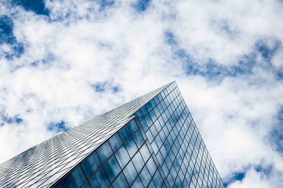 architecture, building, clouds, glass, high-rise, perspective HD wallpaper