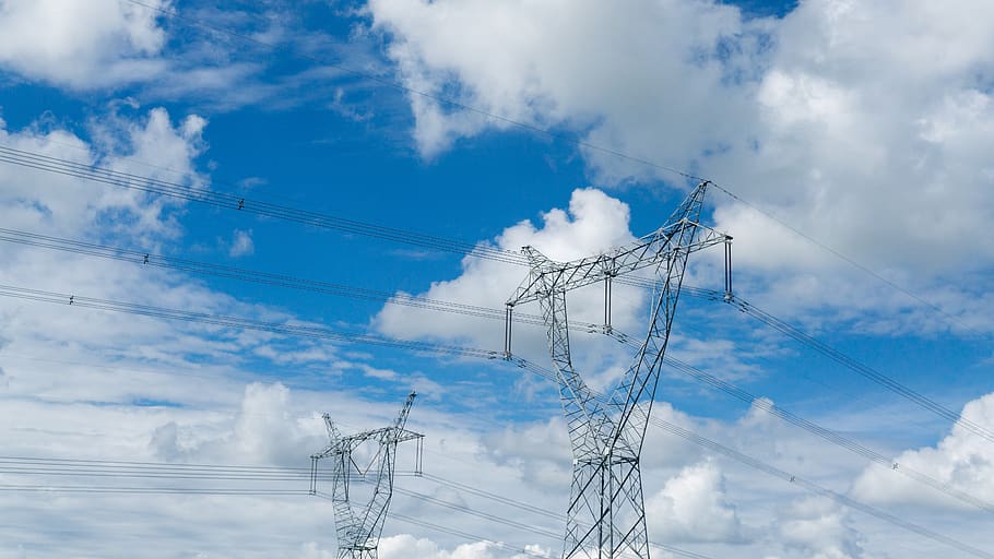 electric tower, wire, blue sky, white cloud, technology, cloud - sky HD wallpaper