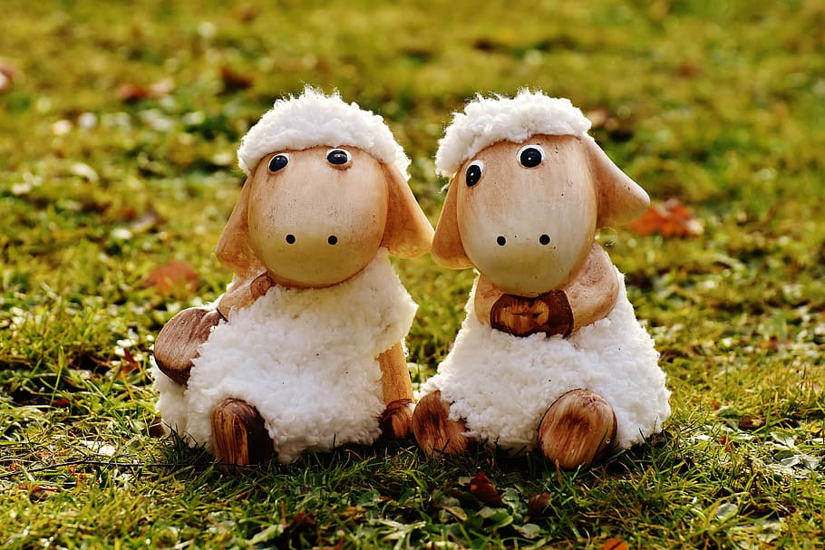 two white sheep decors on green grass, ceramic, cute, figure HD wallpaper