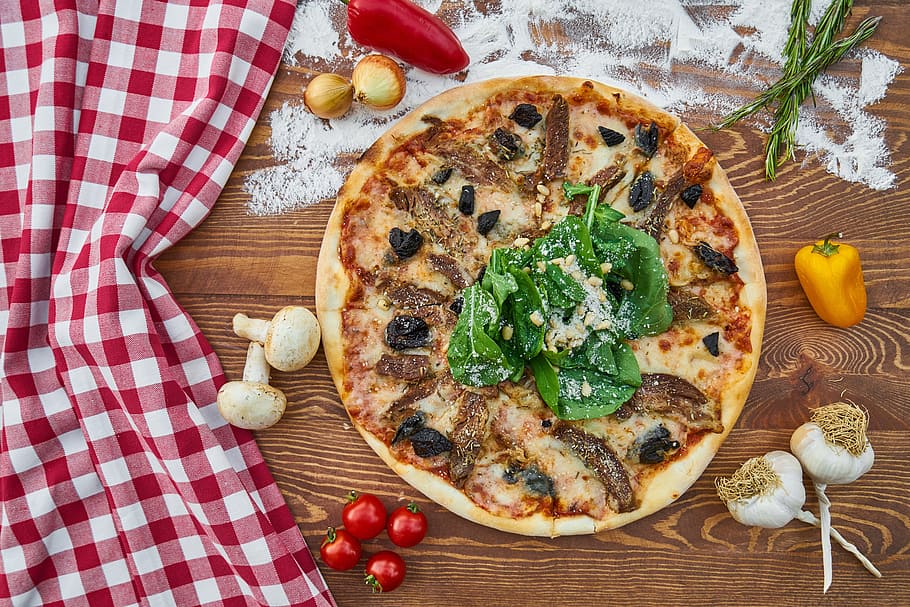 pizza with toppings on table, dough, hot, italy, italian, mediterranean, HD wallpaper