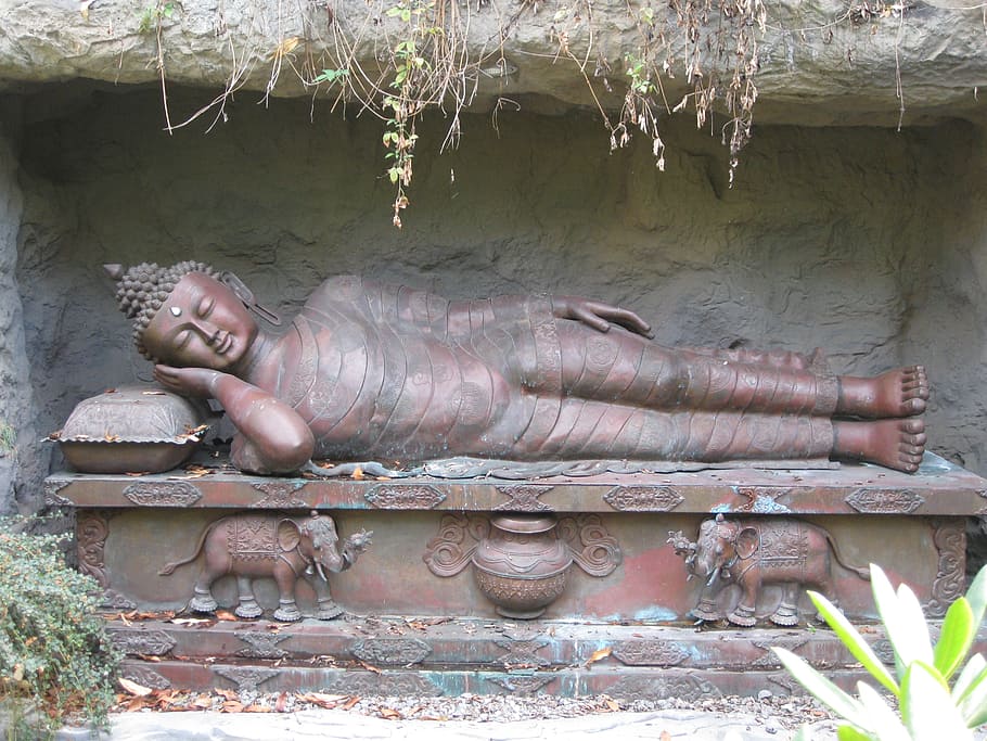 brown coffin with sculpture, buddha, religion, statue, asia, buddhism, HD wallpaper