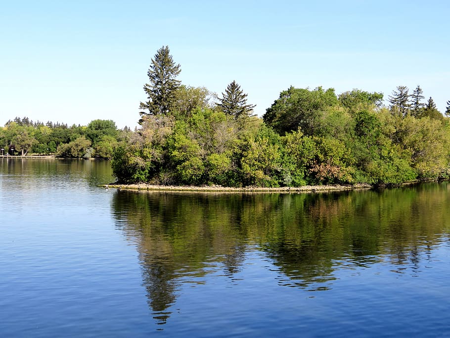 island, trees, reflection, water, lake, nature, canada, vacation HD wallpaper