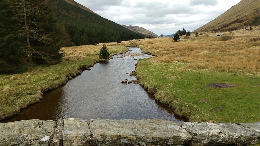 scotland, landscape, river, flat, grass, plant, footpath, water HD wallpaper