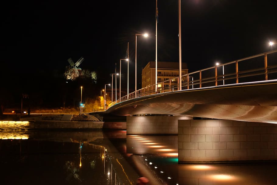 turku, mill bridge, evening, lights, night, illuminated, connection HD wallpaper