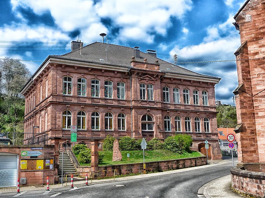 Weidenthal, Germany, Building, School, architecture, sky, clouds HD wallpaper