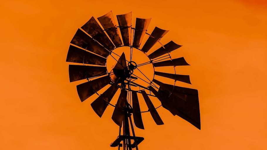 windmill, sunset, shadow, orange, renewable energy, turbine HD wallpaper