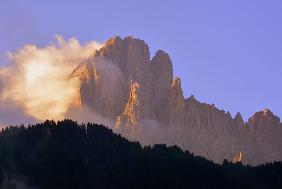 dolomites, sunset, chain, mountains, sassolungo, clouds, sky HD wallpaper