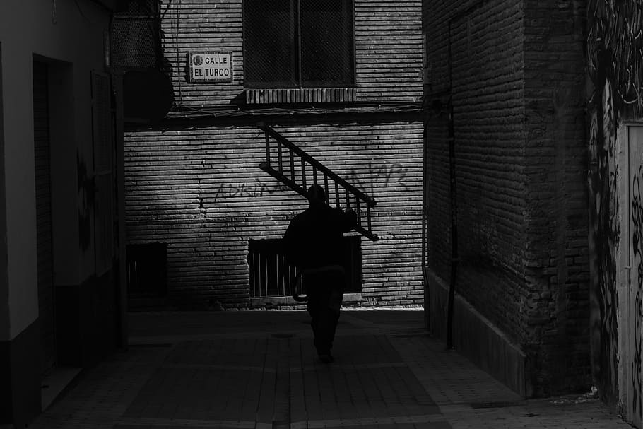 grayscale photography of man carrying ladder, grayscale photo of person carrying ladder walking on street HD wallpaper