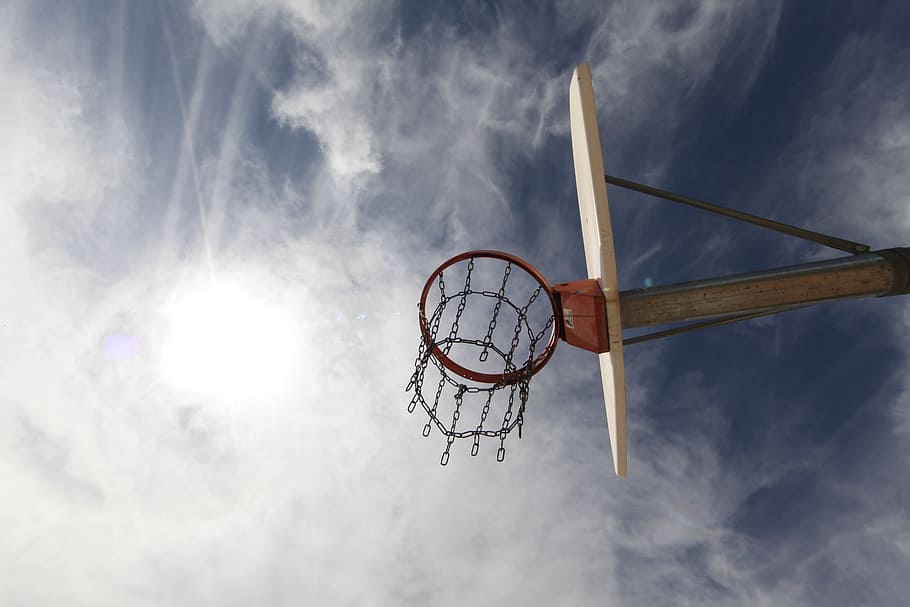 low top view photo of basketball hoop, sky, park, sport, game