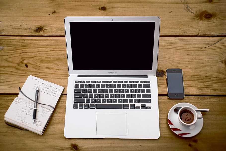 silver Macbook Air near note book and coffee, technology, computer HD wallpaper