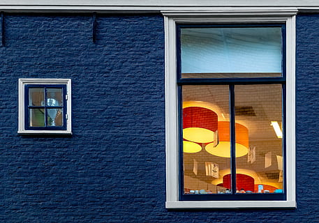 wall, brick, blue, brick wall, window, lamp, light, evening HD wallpaper