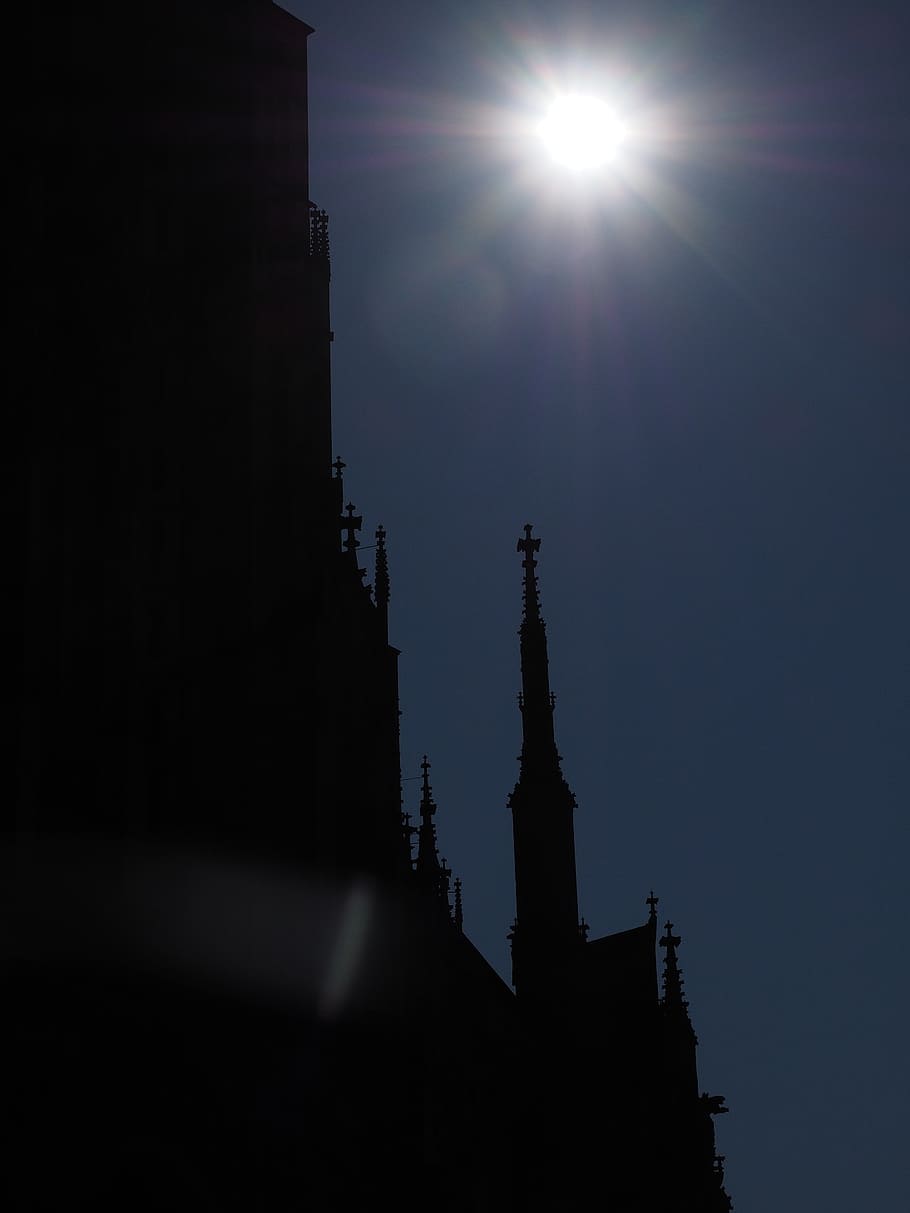 ulm cathedral, solar eclipse, münster, building, sun, sunshine