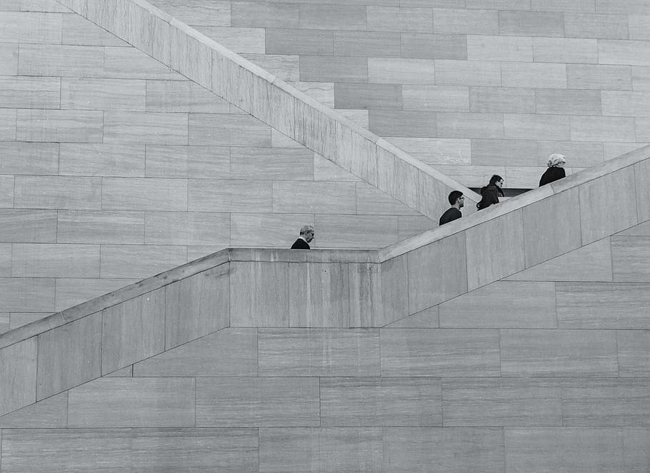 four person walking on stair sketch, four persons walking on stairs HD wallpaper
