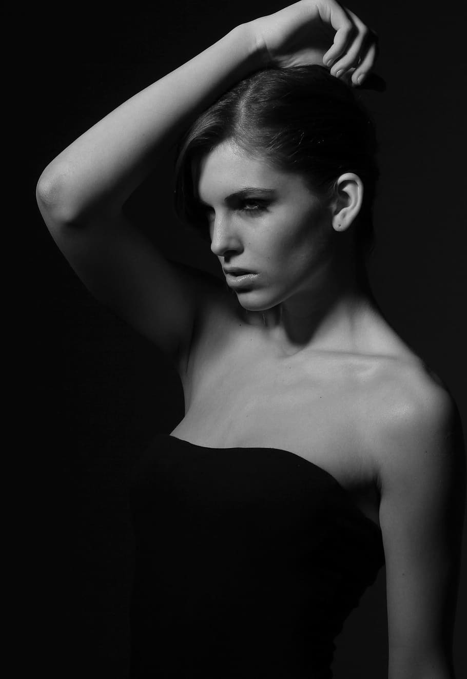 woman wearing black strapless top, greyscale, photography, model, HD wallpaper