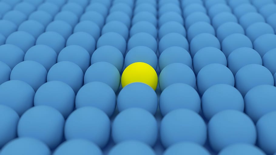 yellow ball surrounded by blue balls, focus, 3d, backgrounds, HD wallpaper