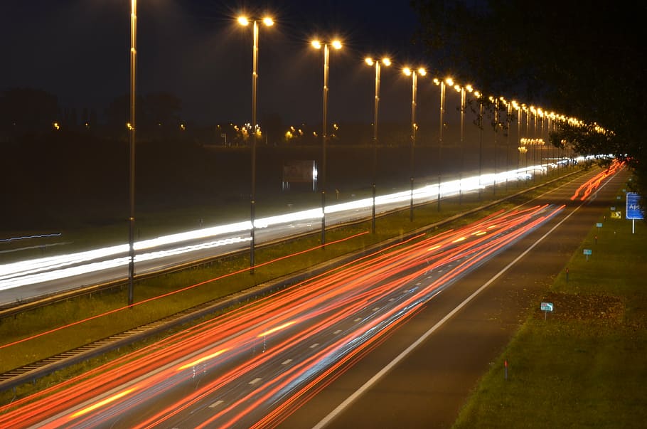 highway, motion, red, white, asphalt, transport, pavement, fast HD wallpaper