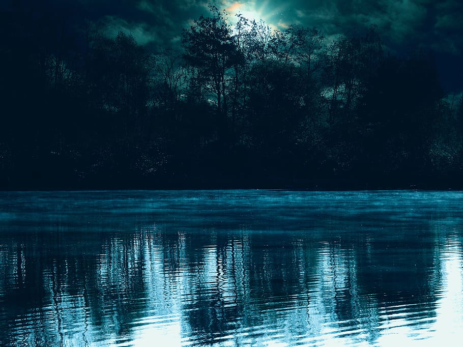 light, dawn, landscape, nature, clouds, dark, forest, lake, outdoors HD wallpaper