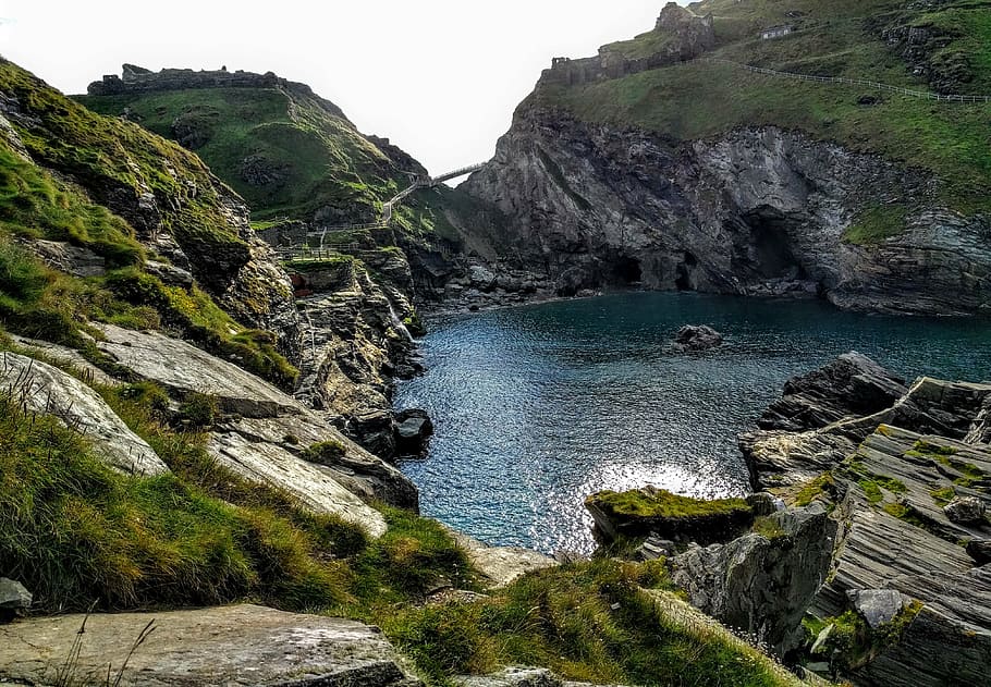 bay, cove, cliffs, rocks, sea, coast, cornwall, seaside, water HD wallpaper