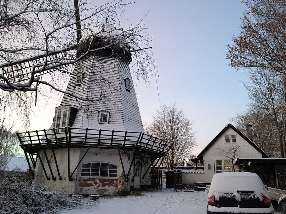 mill, residential, rural idyll, snowy weather, nordsjælland, HD wallpaper