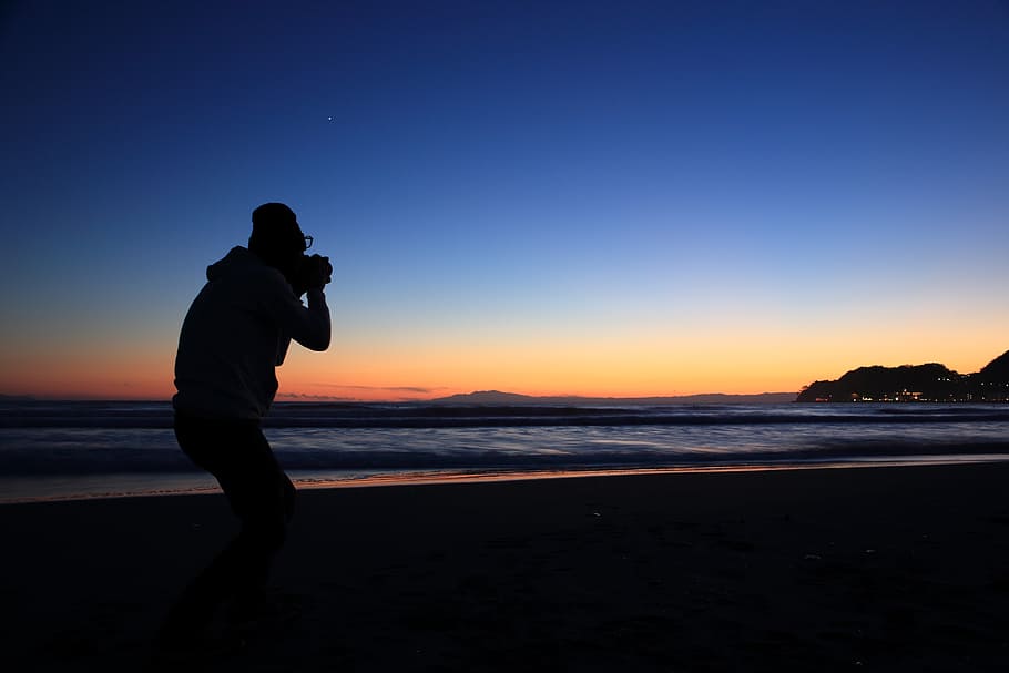silhouette of person standing near seashore, photographer, click, HD wallpaper