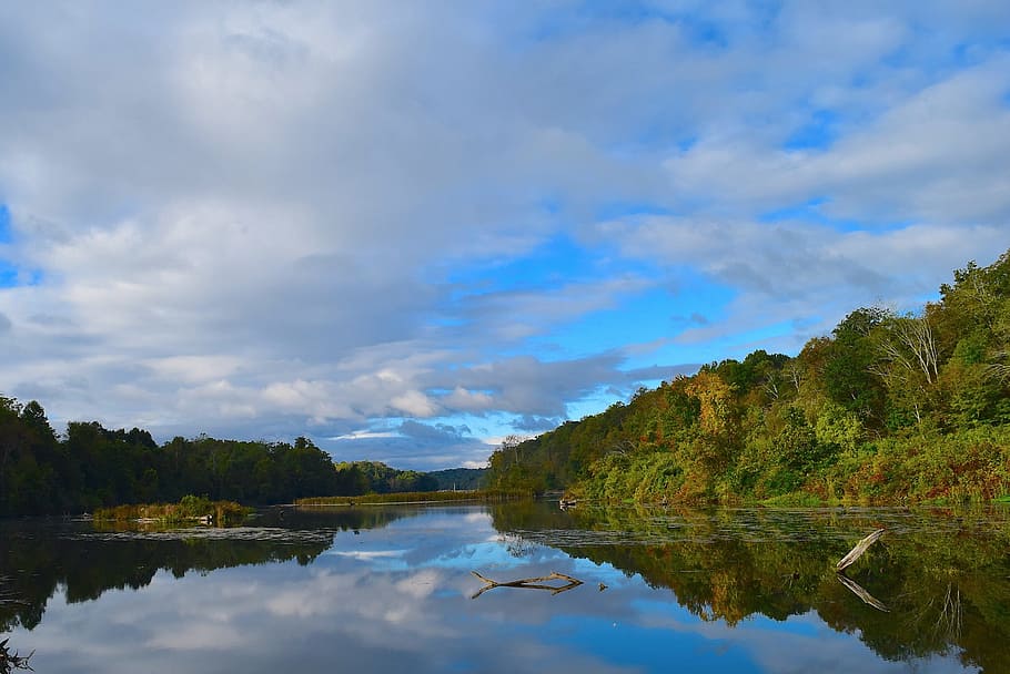 lake, trees, landscape, nature, water, forest, reflection, sky HD wallpaper