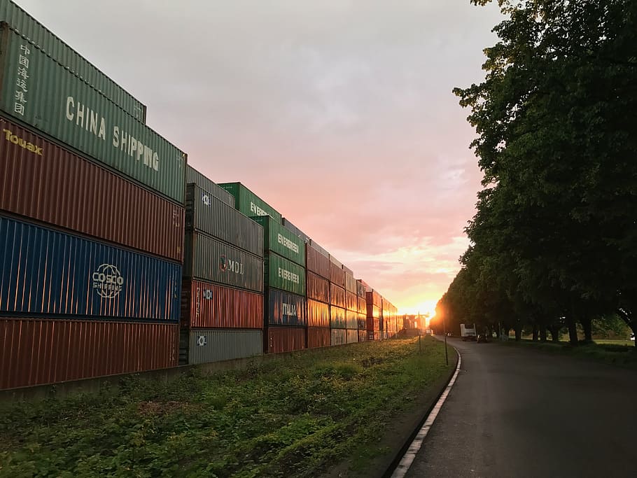 container, sun, industry, sky, sunset, evening, port, industrial landscape HD wallpaper