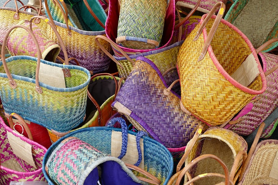 assorted-color wicker basket lot, bag, shopping bag, wear, mesh