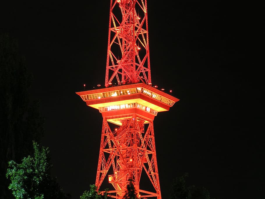 Radio Tower, Berlin, Night, red, illuminated, lighting, outdoors HD wallpaper