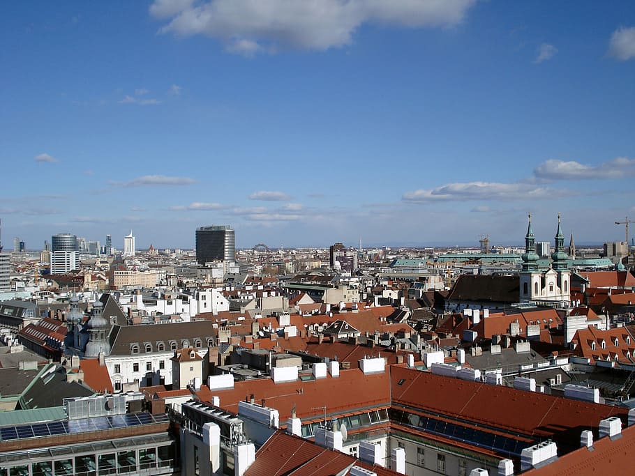 aerial view of city, roofs, vienna, sky, clouds, austria, building HD wallpaper