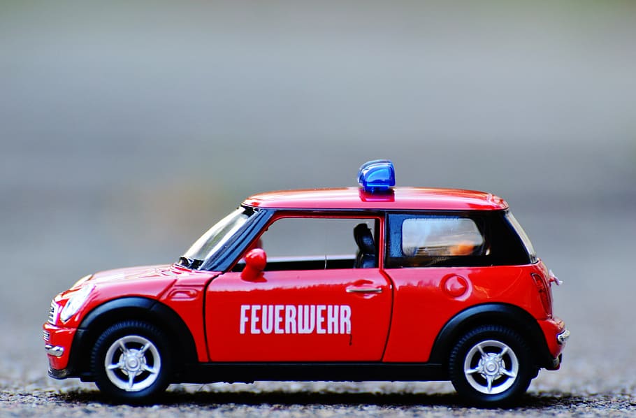 fire, auto, model car, red, blue light, vehicle, toys, toy car HD wallpaper