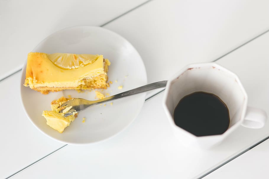 white coffee cup beside plate, cake, cheese, cheesecake, pie HD wallpaper