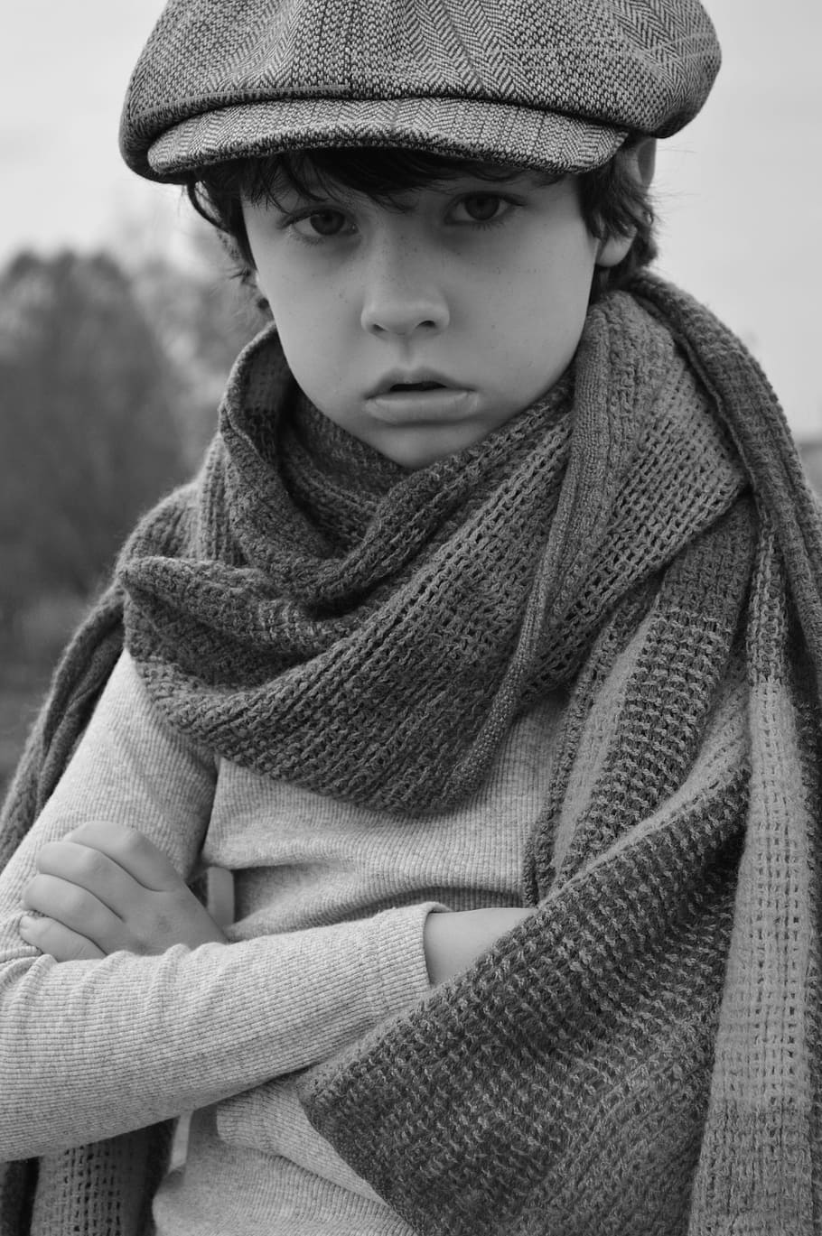 grayscale photo of boy wearing scarf and cap, portrait, baby, HD wallpaper