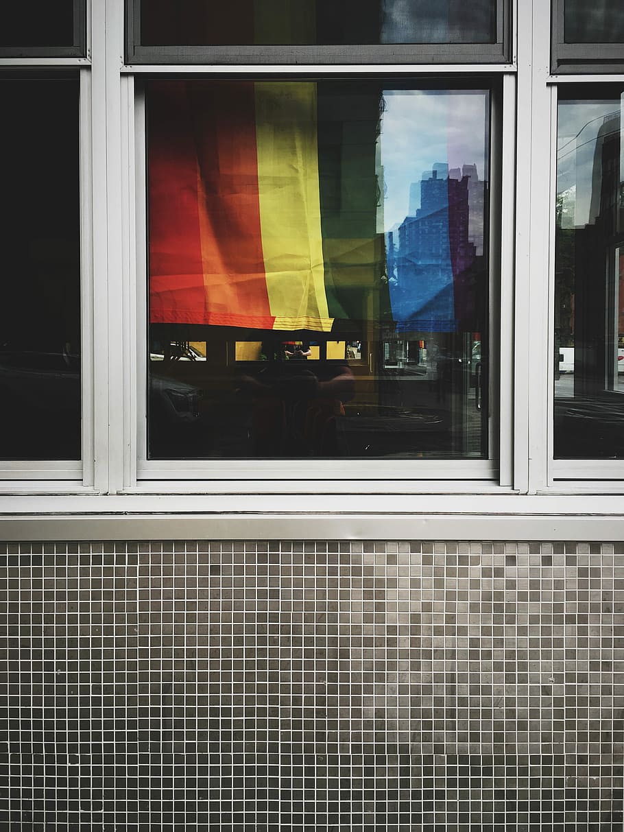 closed glass window pane, building, architecture, flag, rainbow HD wallpaper