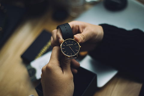 person holding gold-colored analog watch with black strap, person holding round gold-colored analog watch HD wallpaper