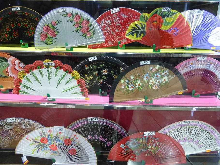 spain, subjects, dance, fan, colorful, souvenir, shop, flower HD wallpaper