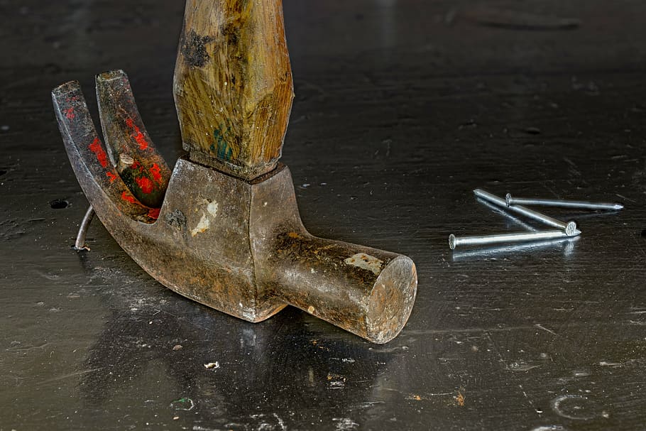 brown claw hammer, nails, stacked focus, tool, construction, work