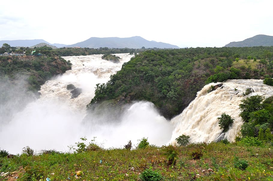 waterfalls, mountains, greenery, flora, white, splashing, splashes HD wallpaper