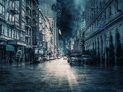 photo of city during rainy day painting, storm, weather, thunderstorm HD wallpaper