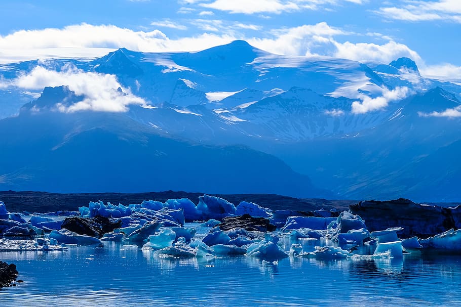 cold, glacier, melting, snow, calm waters, clouds, frost, frosty HD wallpaper
