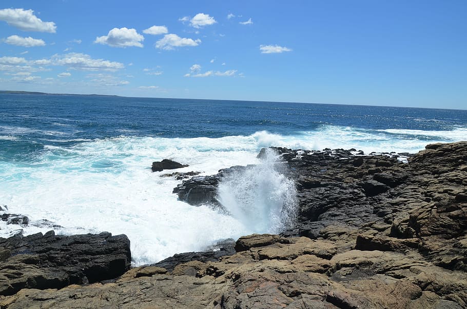 beach, rocks, sea, water, motion, sky, rock - object, solid HD wallpaper