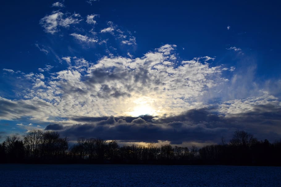 green trees during day time, Sunbeam, Dazzle, Clouds, Sky, blue HD wallpaper