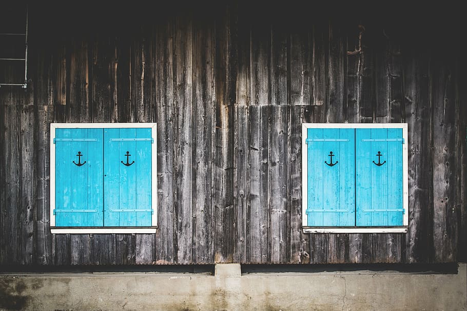 two closed blue wooden windowpanes, architecture, building HD wallpaper