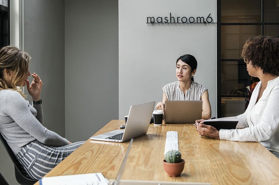 group of people looking at each other, meeting, person, computer HD wallpaper